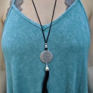 Black Leather and Silver Necklace and Earrings